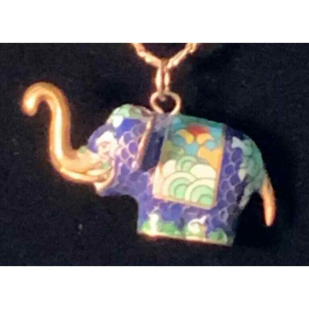 ELEPHANT, 3D Cloisonné Enamel Necklace - Trunk Up For Good Luck 13” Scroll Chain